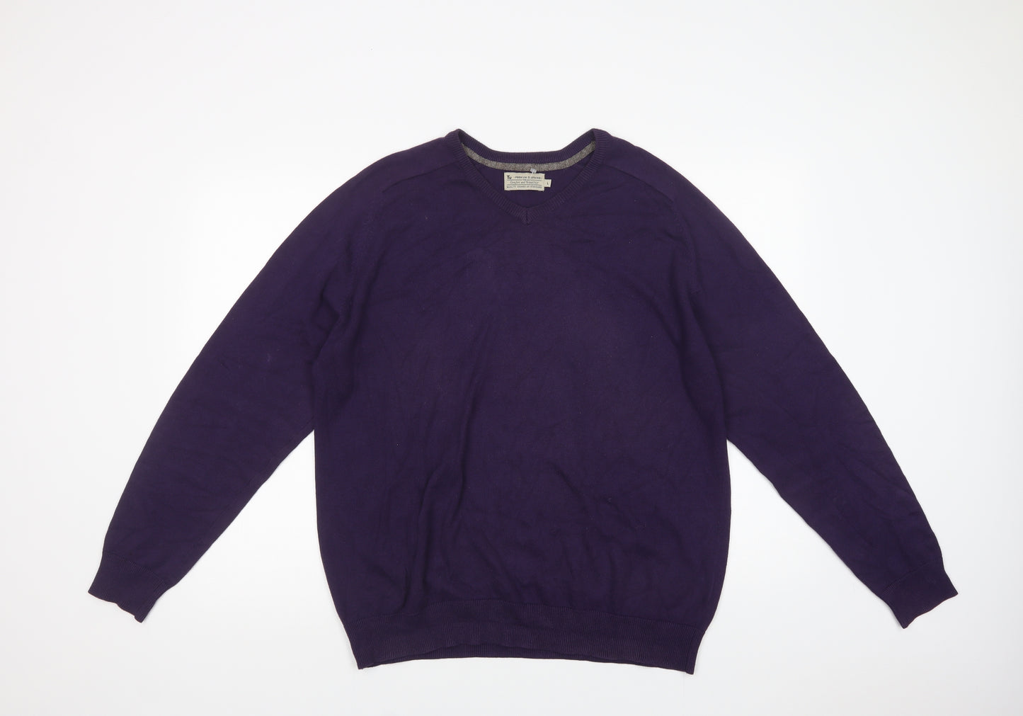 TU Mens Purple V-Neck  Cotton Pullover Jumper Size L
