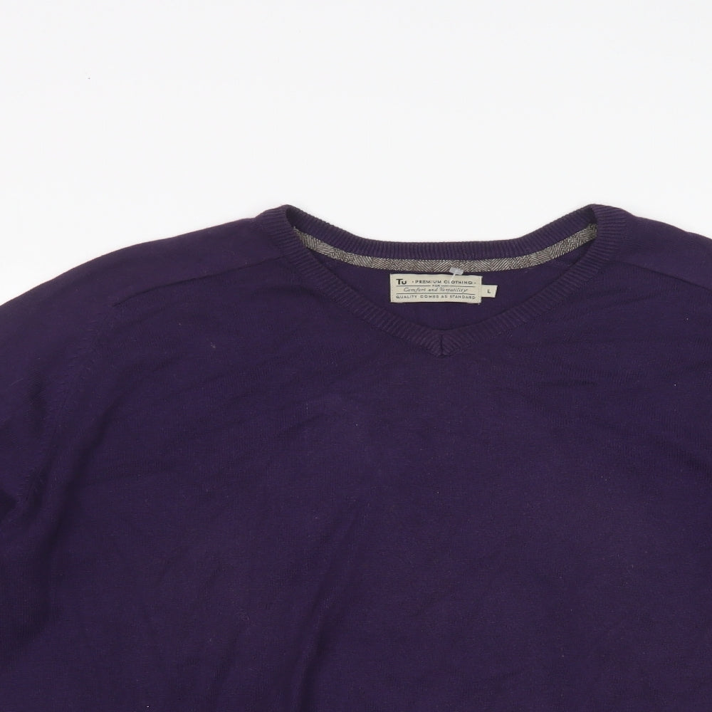 TU Mens Purple V-Neck  Cotton Pullover Jumper Size L