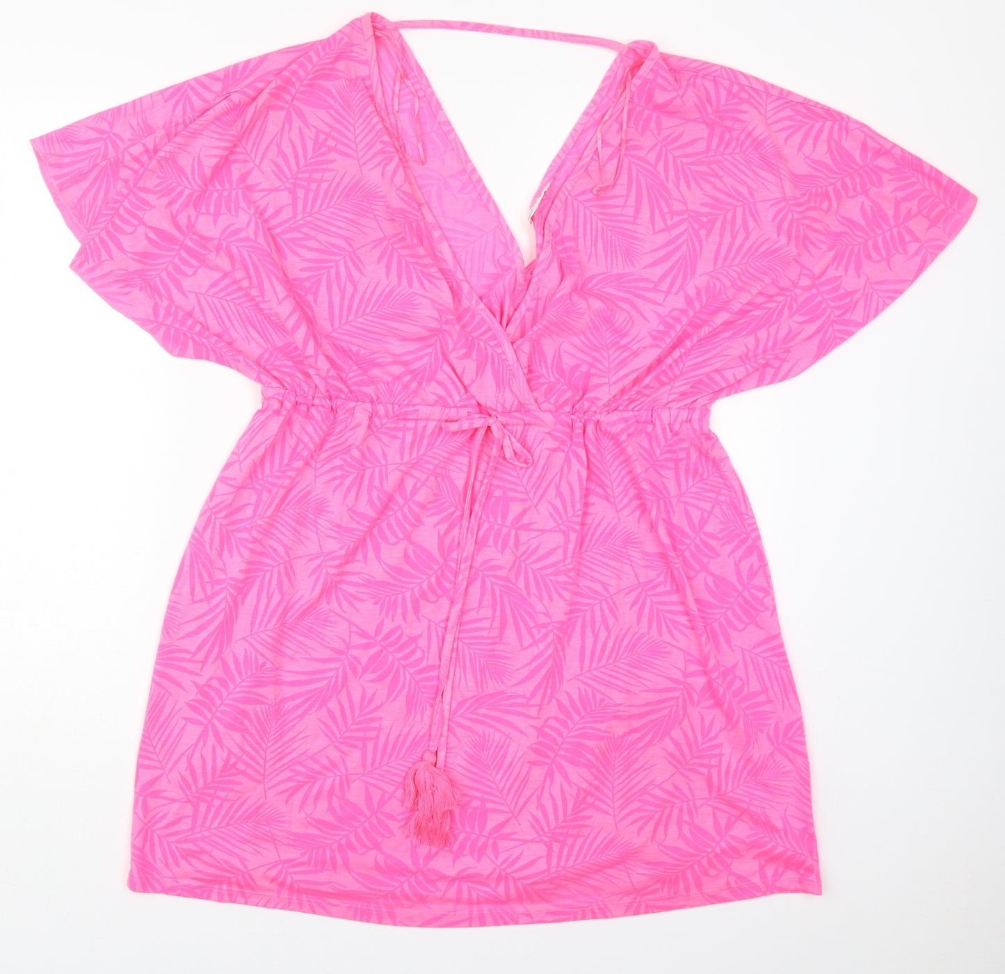 Papaya Womens Pink Floral Polyester T-Shirt Dress  Size L  V-Neck Pullover - Beach Cover Up Dress