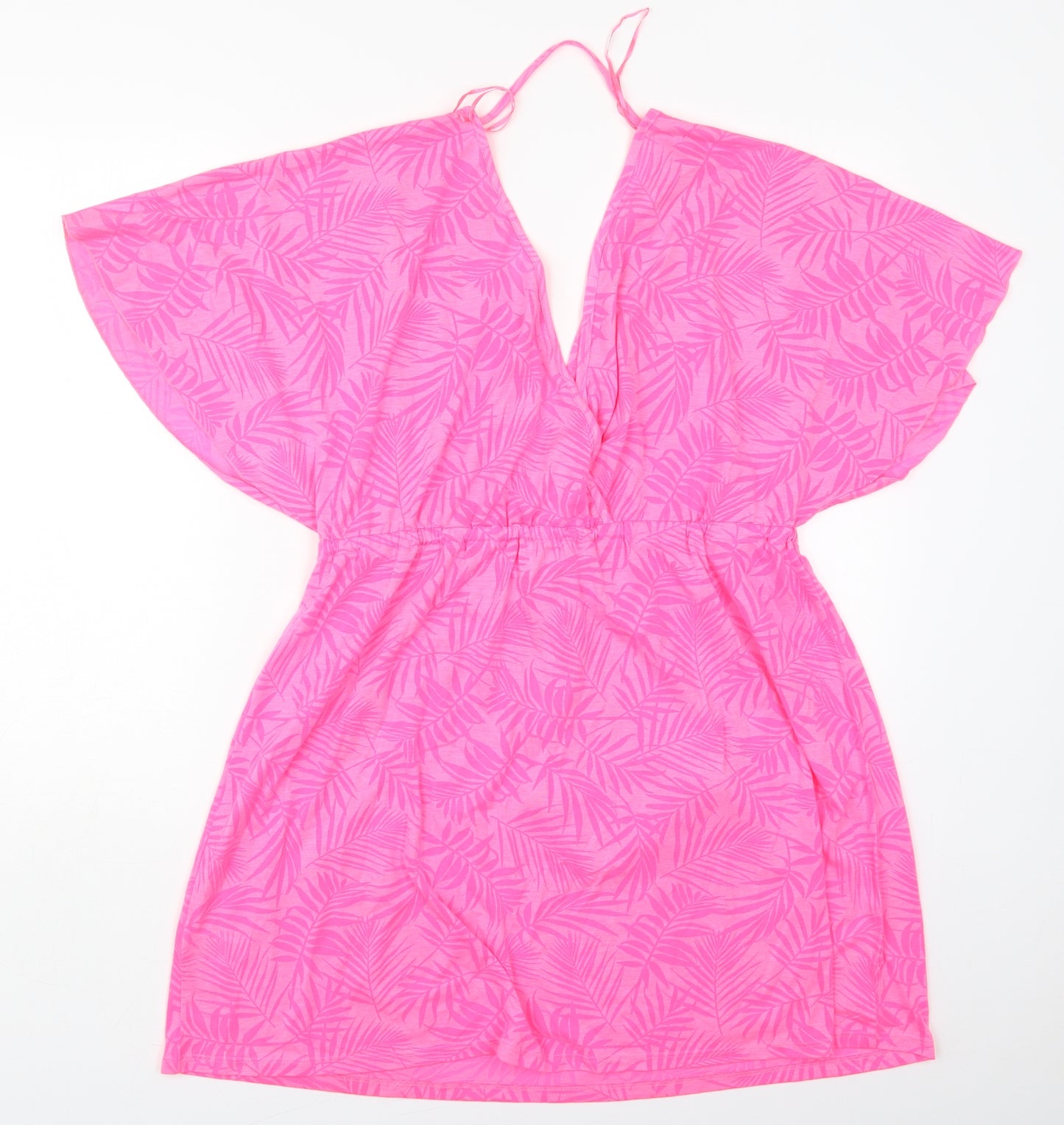 Papaya Womens Pink Floral Polyester T-Shirt Dress  Size L  V-Neck Pullover - Beach Cover Up Dress