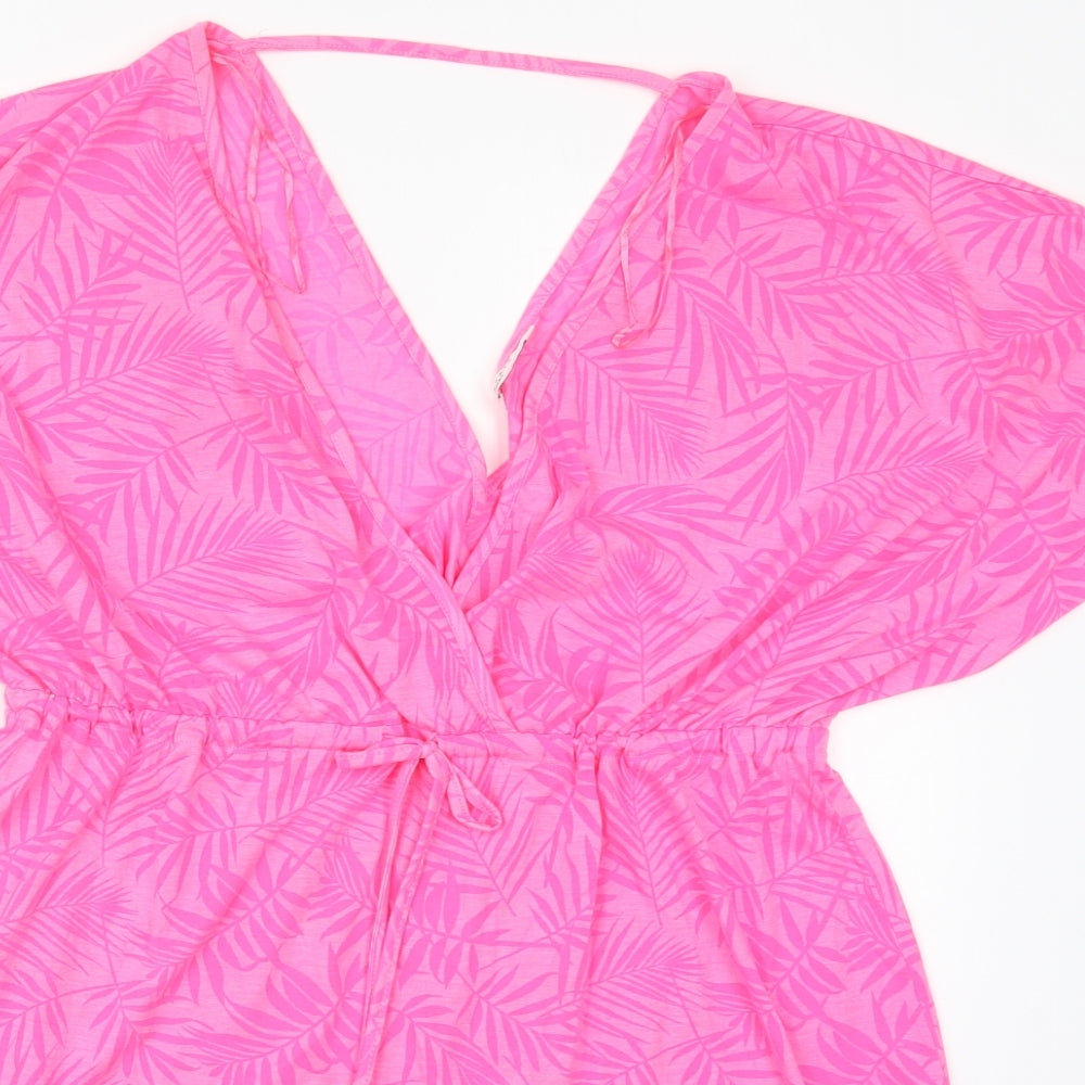Papaya Womens Pink Floral Polyester T-Shirt Dress  Size L  V-Neck Pullover - Beach Cover Up Dress