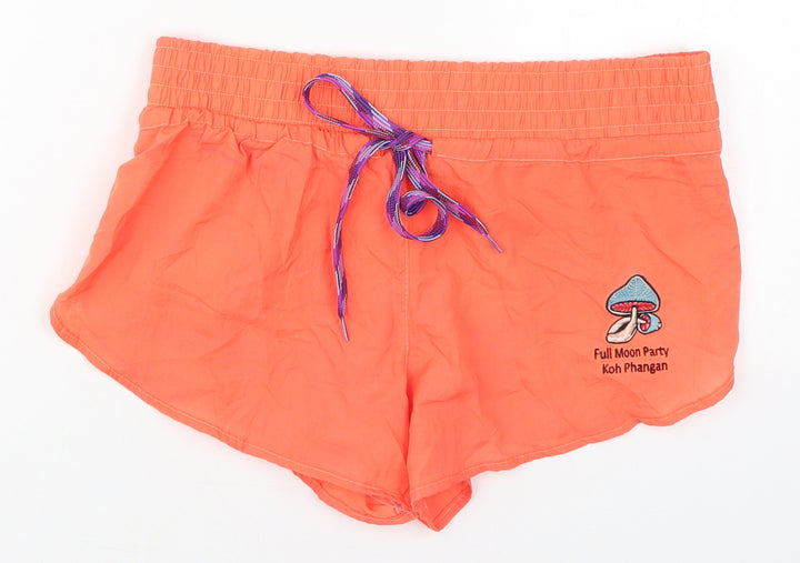 Preworn Womens Orange Polyester Athletic Shorts Size 30 in Regular Drawstring - Full Moon Party Mushroom