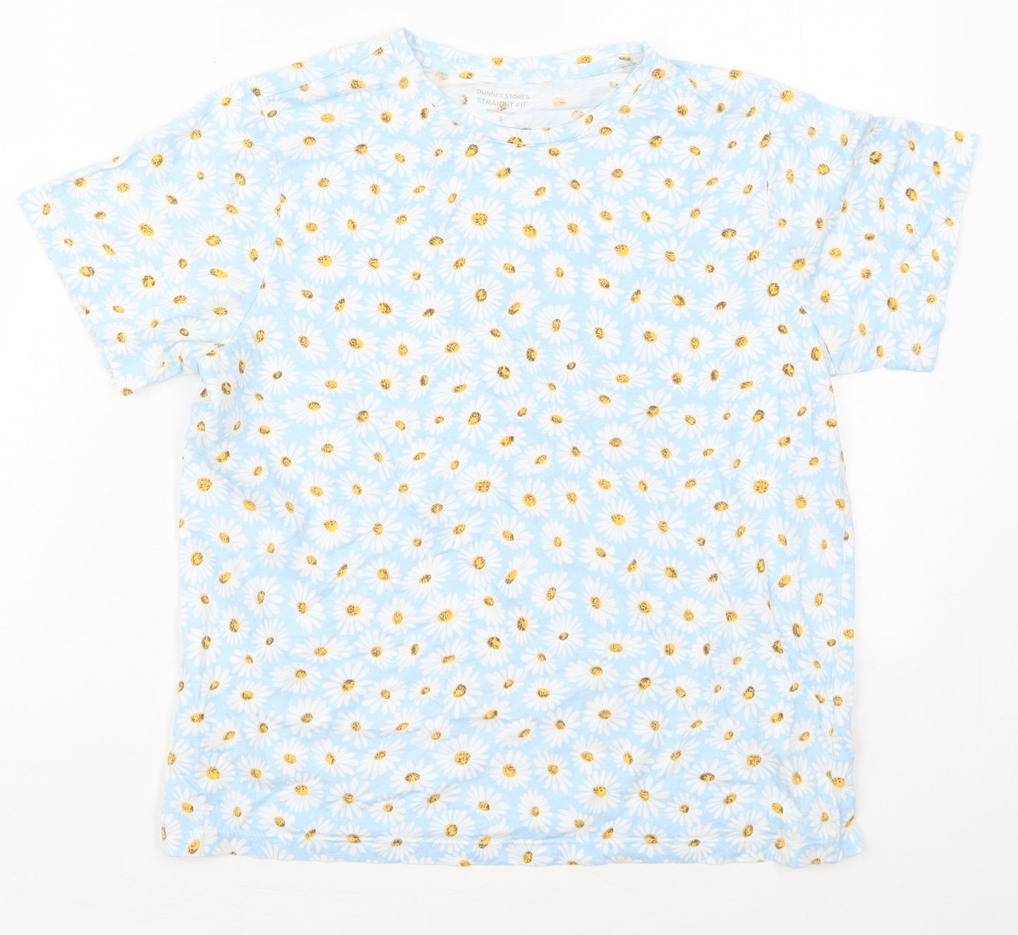 Dunnes Womens Blue Floral Cotton Basic T-Shirt Size S Crew Neck