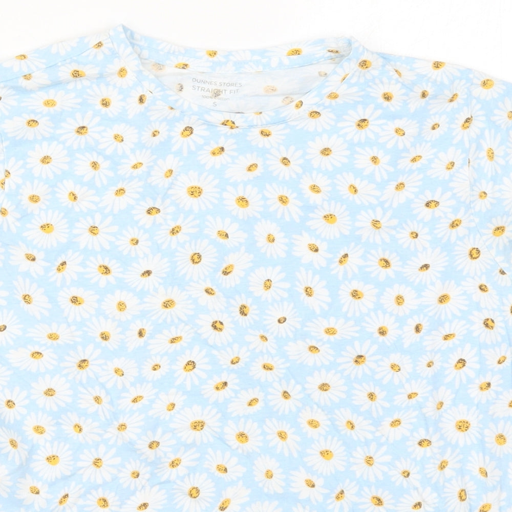 Dunnes Womens Blue Floral Cotton Basic T-Shirt Size S Crew Neck