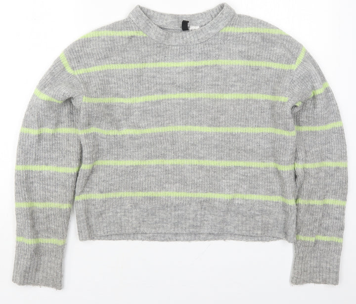 H&M Womens Grey Round Neck Striped Acrylic Pullover Jumper Size XS   - Green