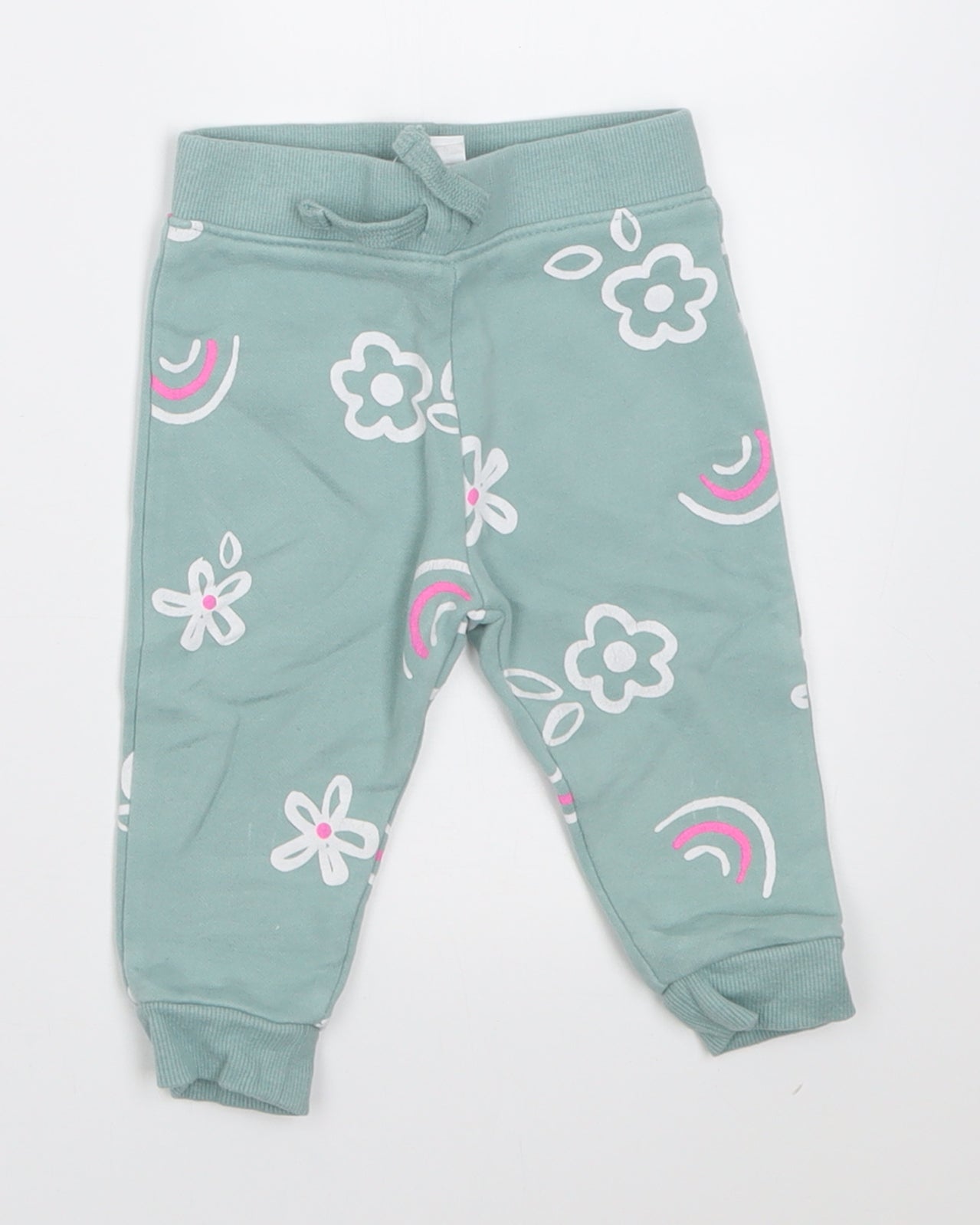 Dunnes Stores Girls Green Floral Cotton Jogger Trousers Size 6-9 Months  Tie