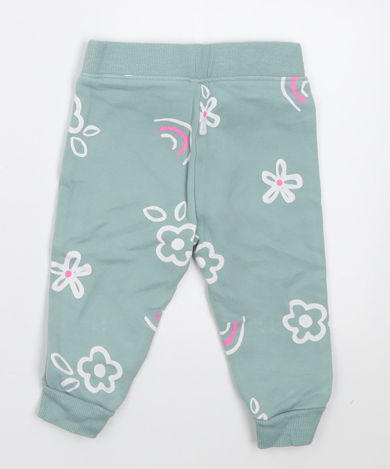Dunnes Stores Girls Green Floral Cotton Jogger Trousers Size 6-9 Months  Tie