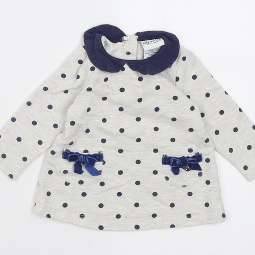 Lily Wicket Girls Grey Polka Dot Cotton Basic Casual Size 3-6 Months Collared Button