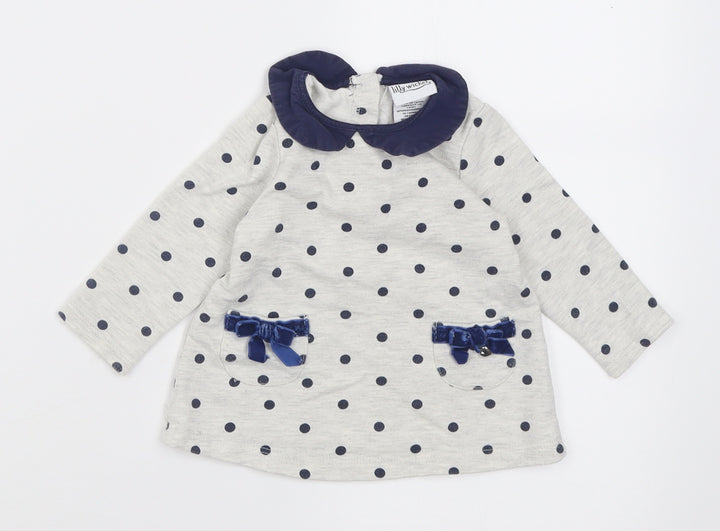 Lily Wicket Girls Grey Polka Dot Cotton Basic Casual Size 3-6 Months Collared Button
