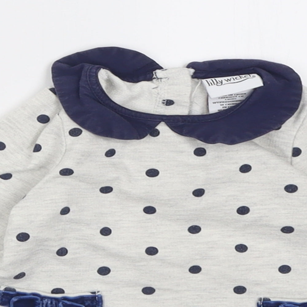Lily Wicket Girls Grey Polka Dot Cotton Basic Casual Size 3-6 Months Collared Button