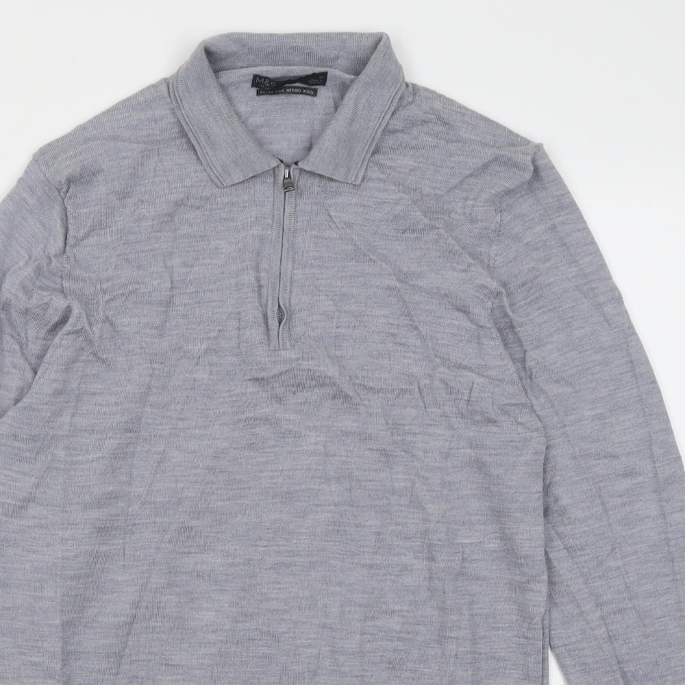 Marks and Spencer Mens Blue  Wool  Polo Size M Collared Zip