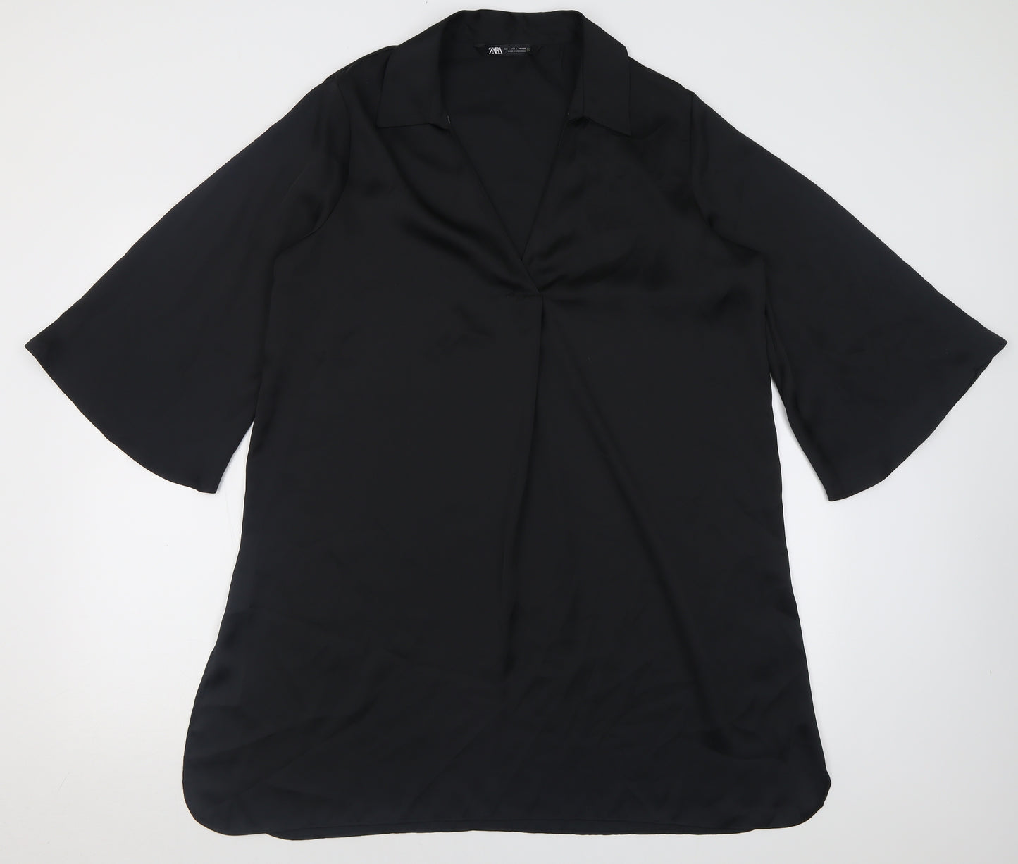 Zara Womens Black  Polyester Shirt Dress  Size L  V-Neck Pullover