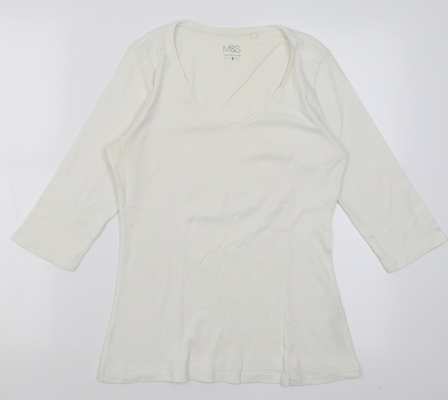 Marks and Spencer Womens White  Cotton Basic T-Shirt Size 12 V-Neck