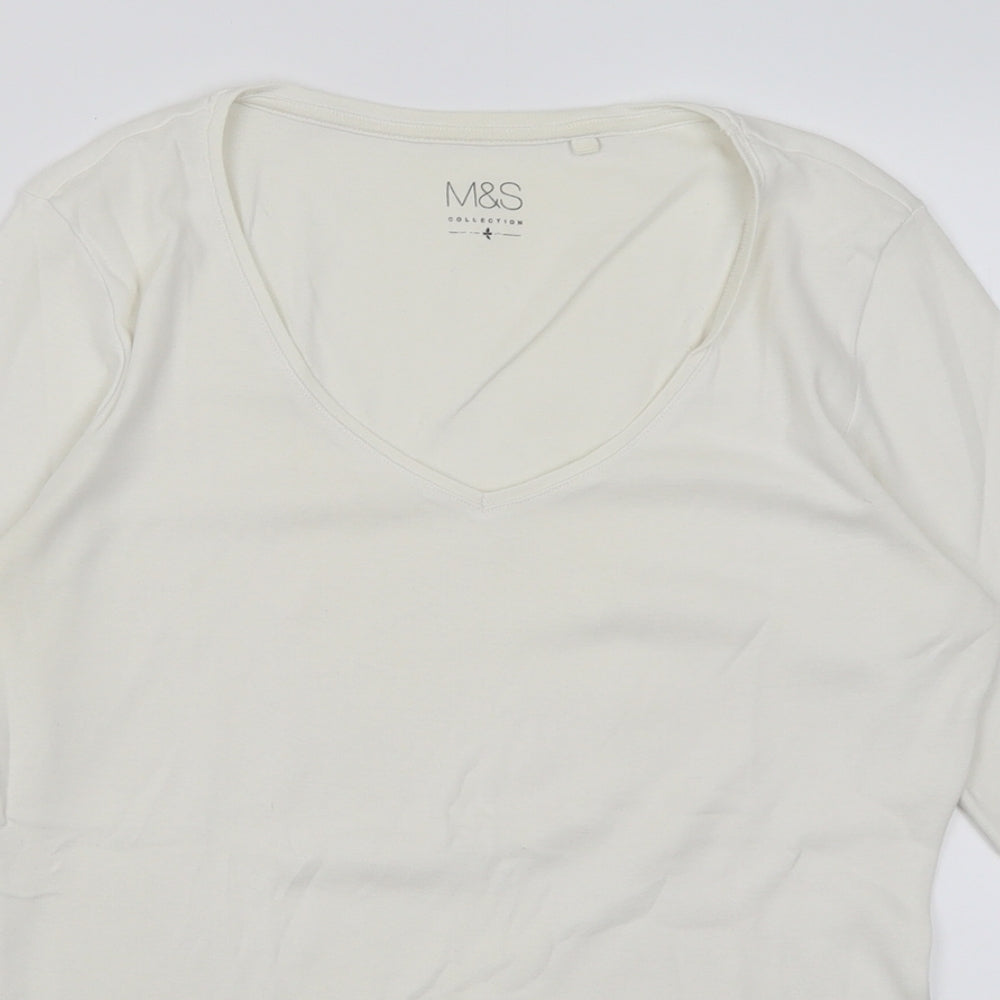 Marks and Spencer Womens White  Cotton Basic T-Shirt Size 12 V-Neck