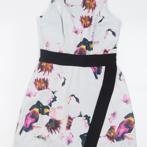 Missguided Womens White Floral Polyacrylate Fibre A-Line  Size 6  Crew Neck Zip