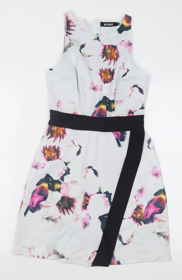 Missguided Womens White Floral Polyacrylate Fibre A-Line  Size 6  Crew Neck Zip