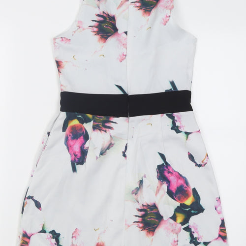 Missguided Womens White Floral Polyacrylate Fibre A-Line  Size 6  Crew Neck Zip
