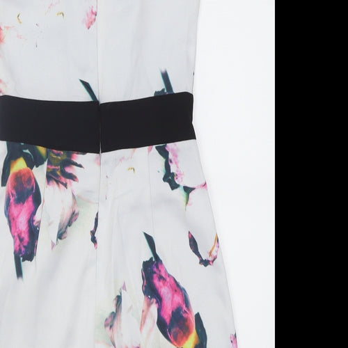 Missguided Womens White Floral Polyacrylate Fibre A-Line  Size 6  Crew Neck Zip