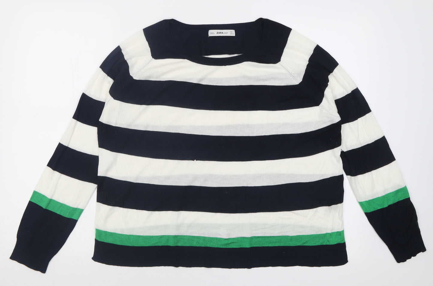 Zara Womens Black Crew Neck Striped Viscose Pullover Jumper Size L