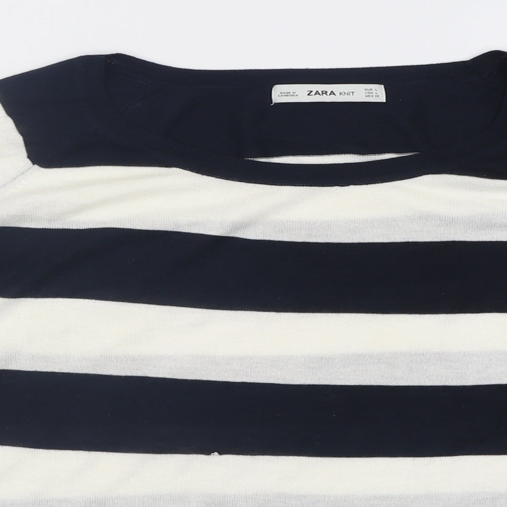 Zara Womens Black Crew Neck Striped Viscose Pullover Jumper Size L