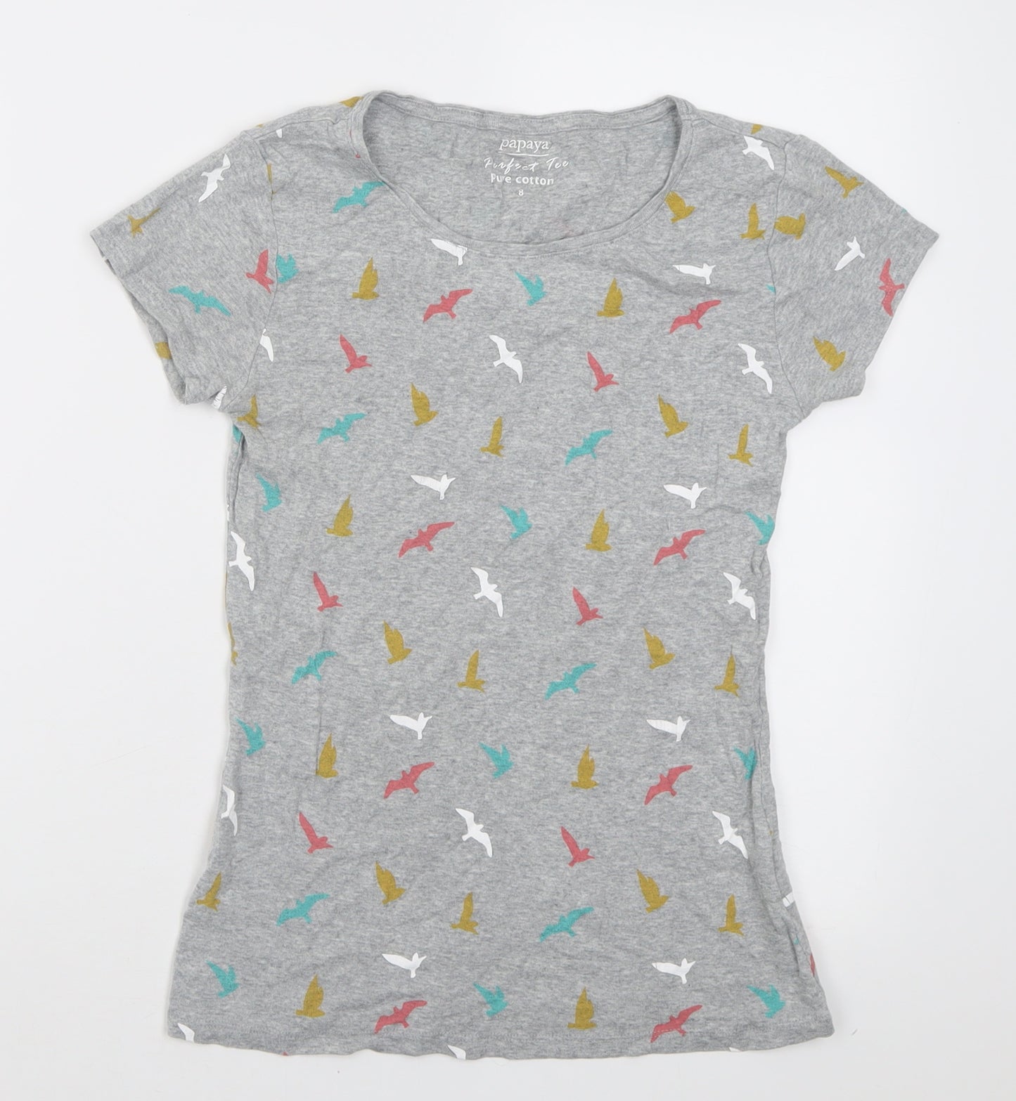 Papaya Womens Grey Geometric Cotton Basic T-Shirt Size 8 Crew Neck