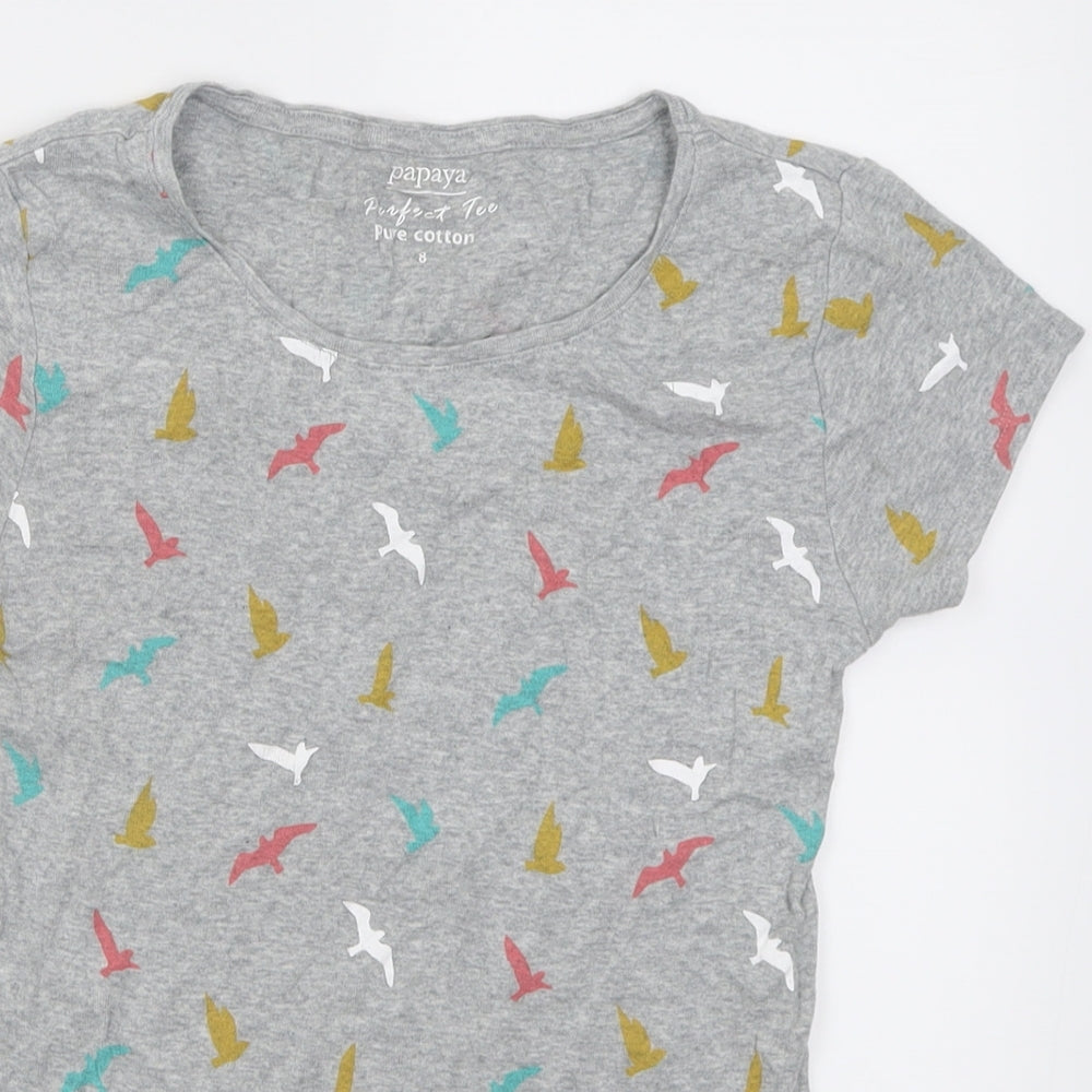 Papaya Womens Grey Geometric Cotton Basic T-Shirt Size 8 Crew Neck