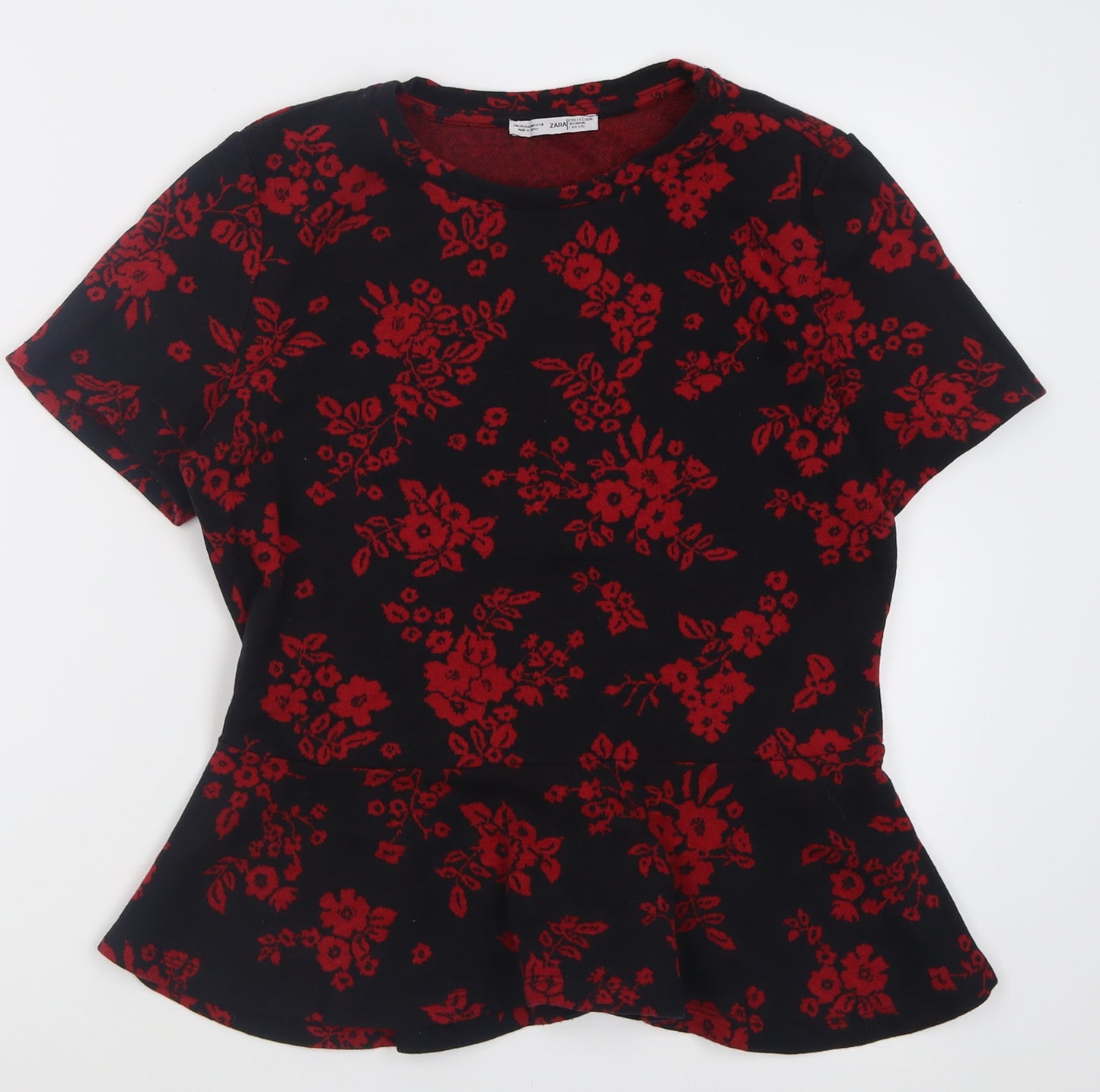 Zara Womens Red Floral Cotton Tunic T-Shirt Size M Crew Neck