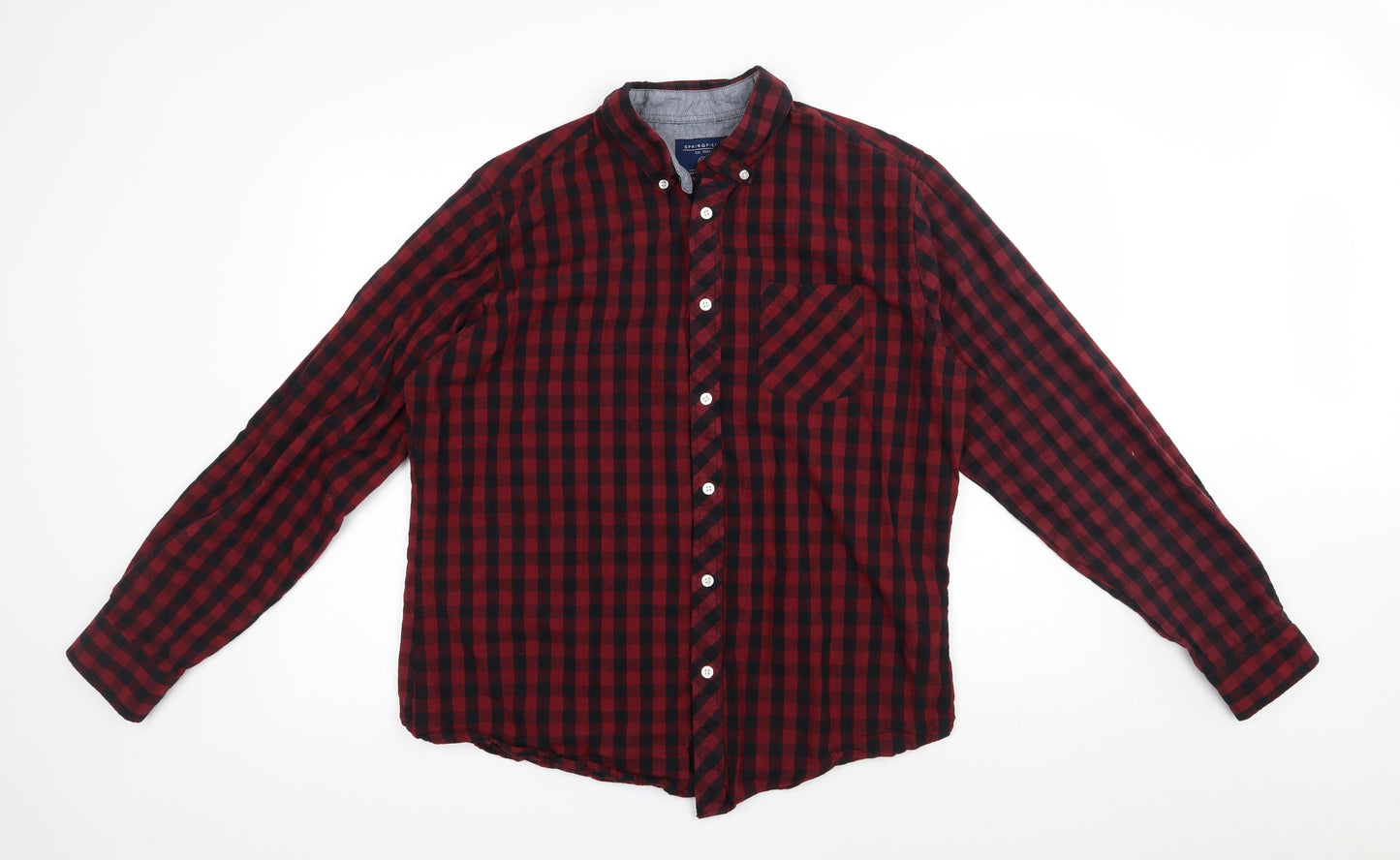 Springfield Mens Red Check Cotton  Button-Up Size XL Collared Button