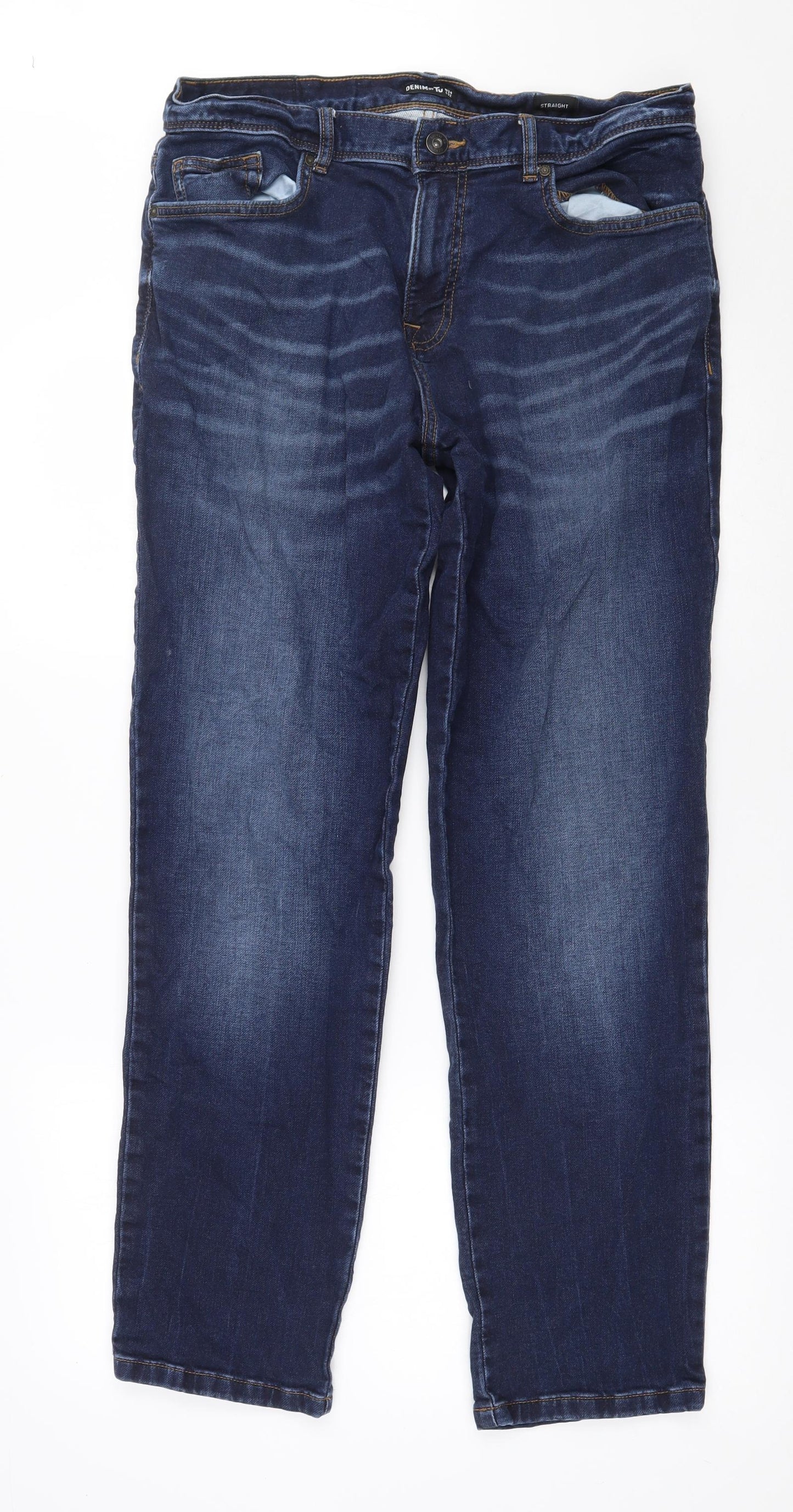 TU Mens Blue  Cotton Straight Jeans Size 34 in L32 in Regular Zip