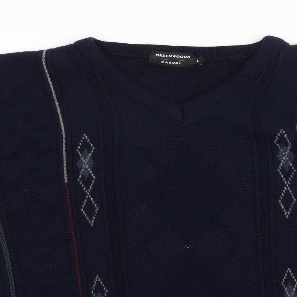 Greenwoods  Mens Blue V-Neck Argyle/Diamond Acrylic Pullover Jumper Size L