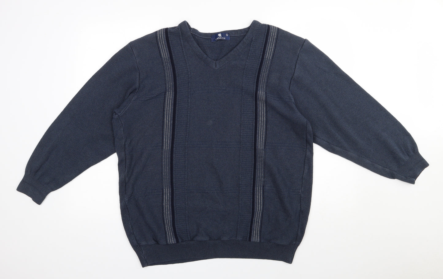 Carson Mens Blue V-Neck  Cotton Pullover Jumper Size L
