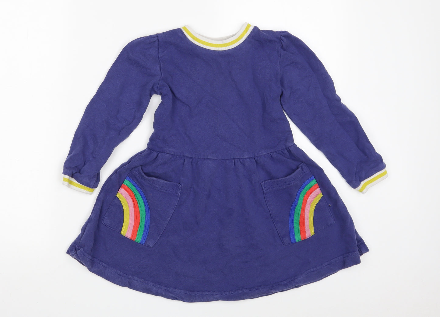 Mini Boden Girls Blue  Cotton T-Shirt Dress  Size 5-6 Years  Round Neck  - Rainbow