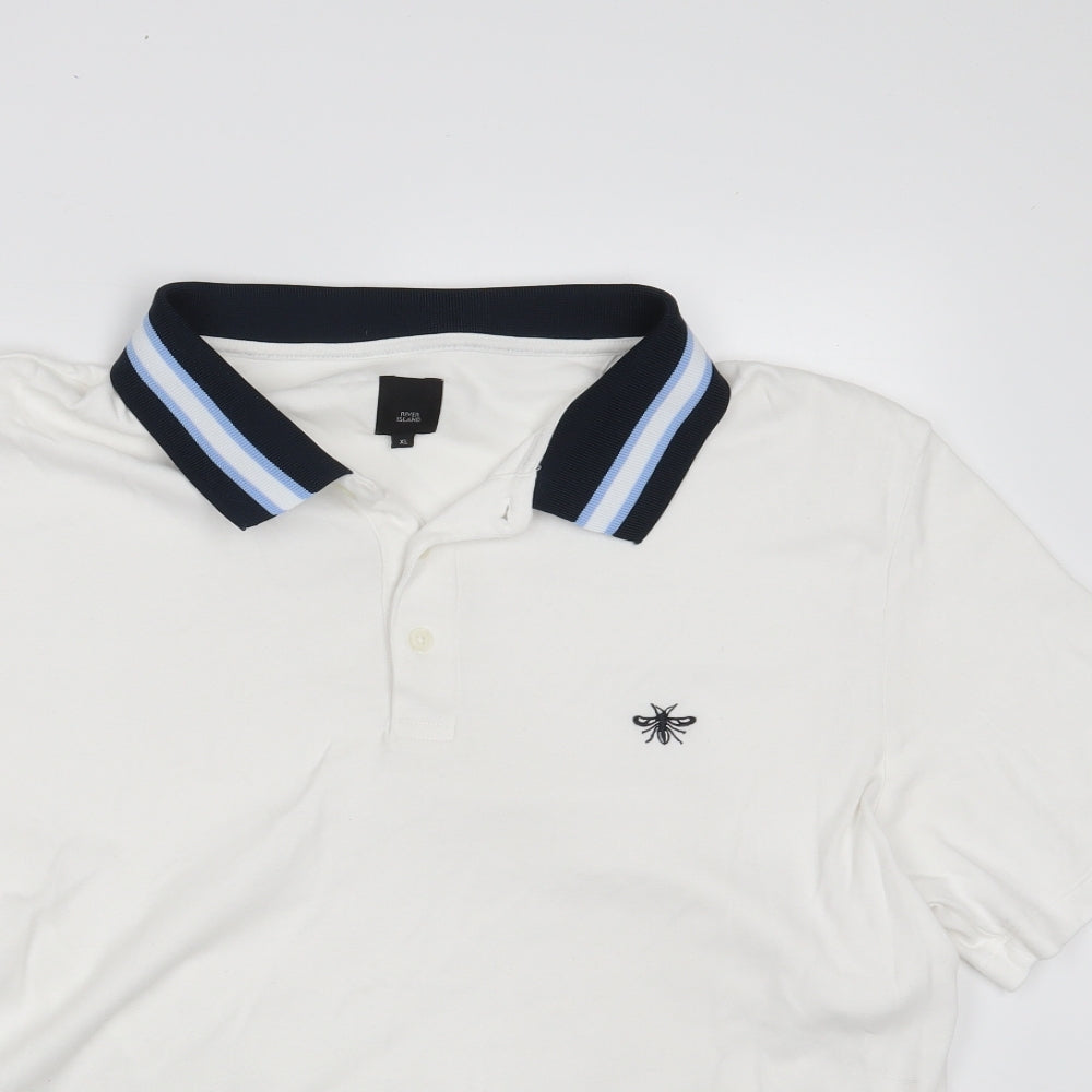 River Island Mens White  100% Cotton  Polo Size XL Collared Button