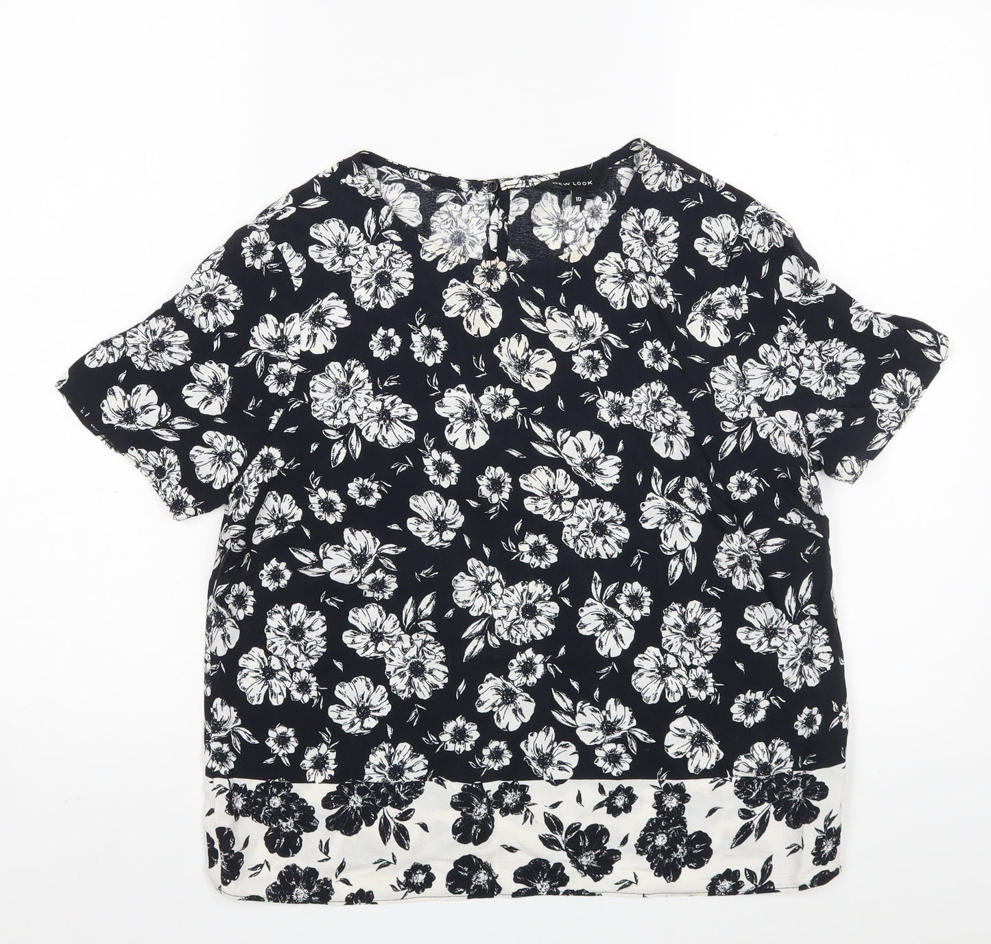 New Look Womens Black Floral Viscose Basic Blouse Size 10 Round Neck