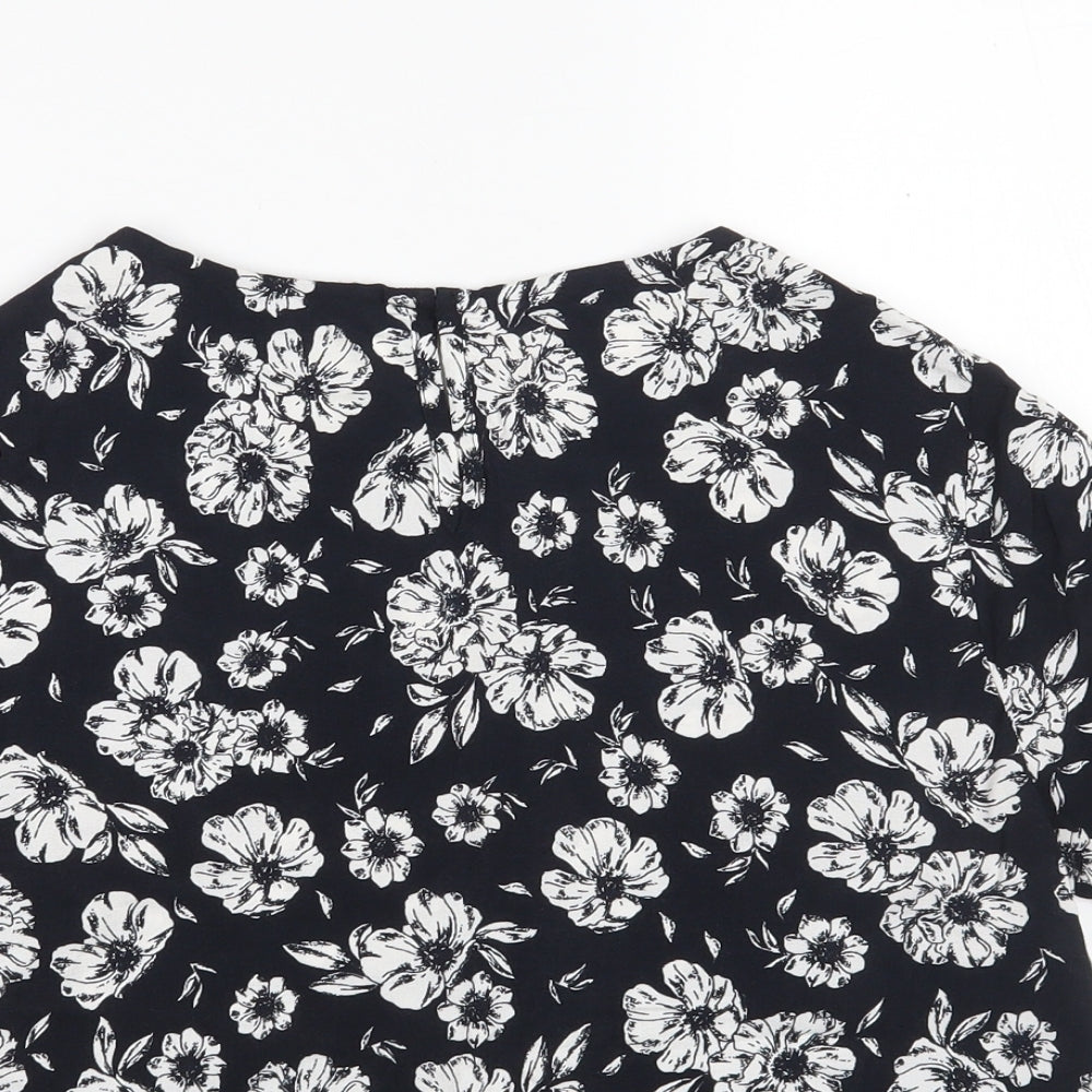 New Look Womens Black Floral Viscose Basic Blouse Size 10 Round Neck
