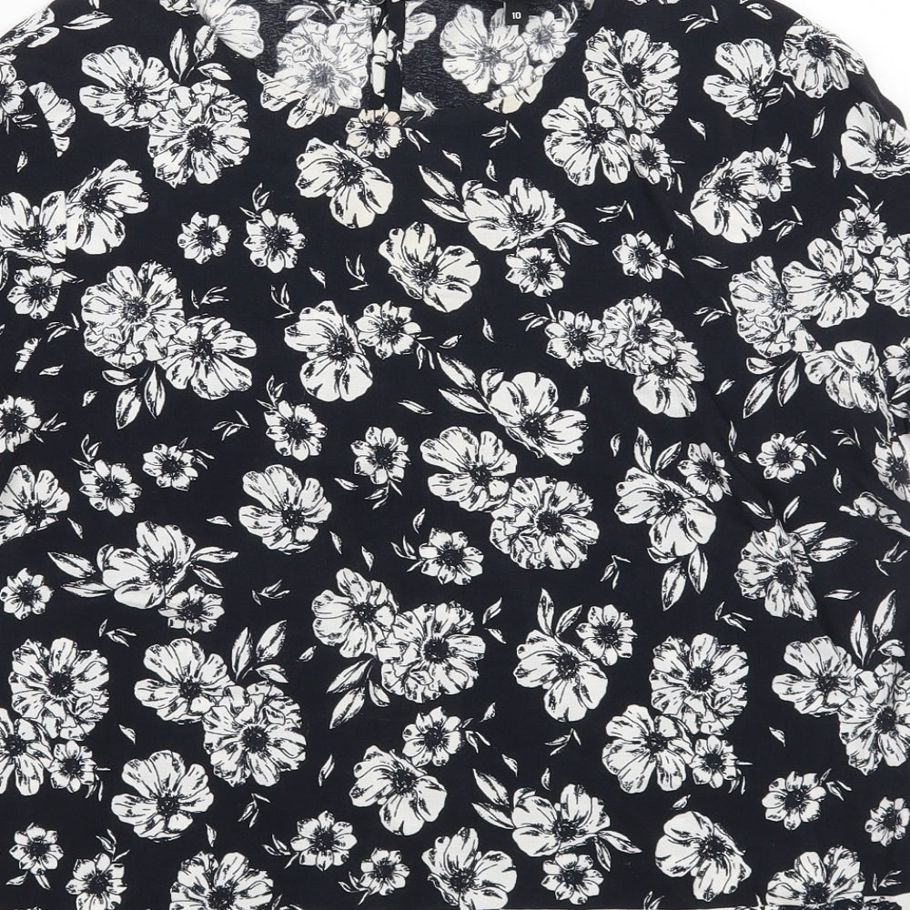 New Look Womens Black Floral Viscose Basic Blouse Size 10 Round Neck