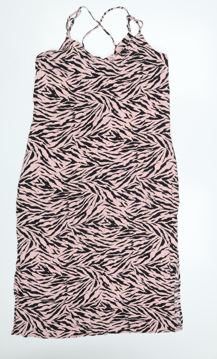 Warehouse Womens Pink Animal Print Viscose A-Line  Size 10  V-Neck
