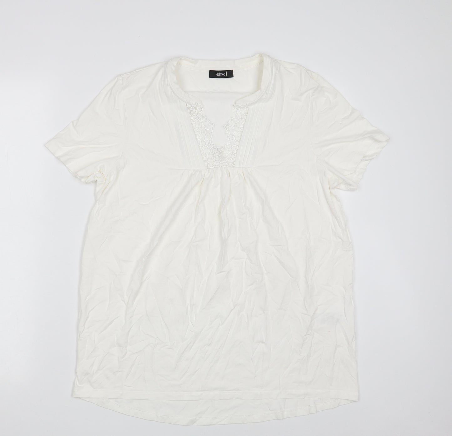 DELMOD Womens White  Viscose Basic T-Shirt Size 16 V-Neck