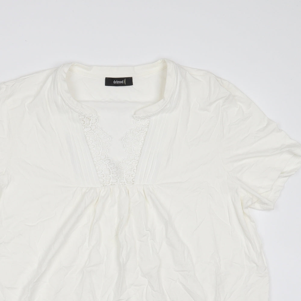 DELMOD Womens White  Viscose Basic T-Shirt Size 16 V-Neck