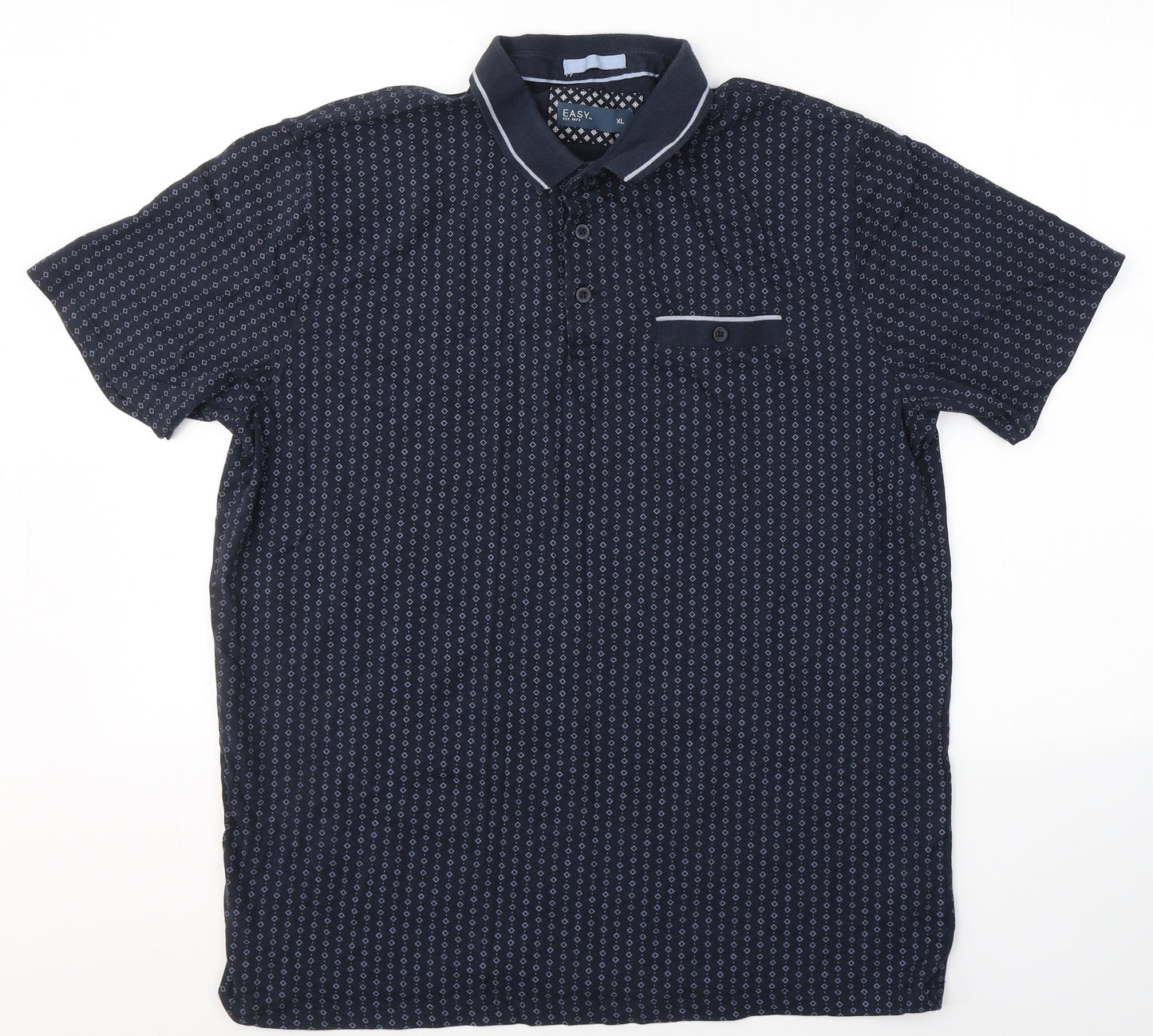 Easy Mens Blue Geometric 100% Cotton  Polo Size XL Collared Button