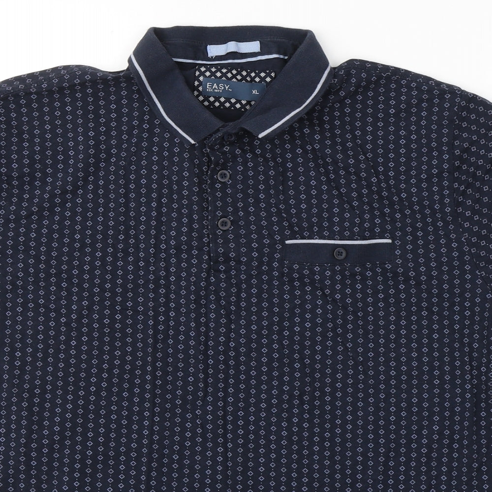 Easy Mens Blue Geometric 100% Cotton  Polo Size XL Collared Button