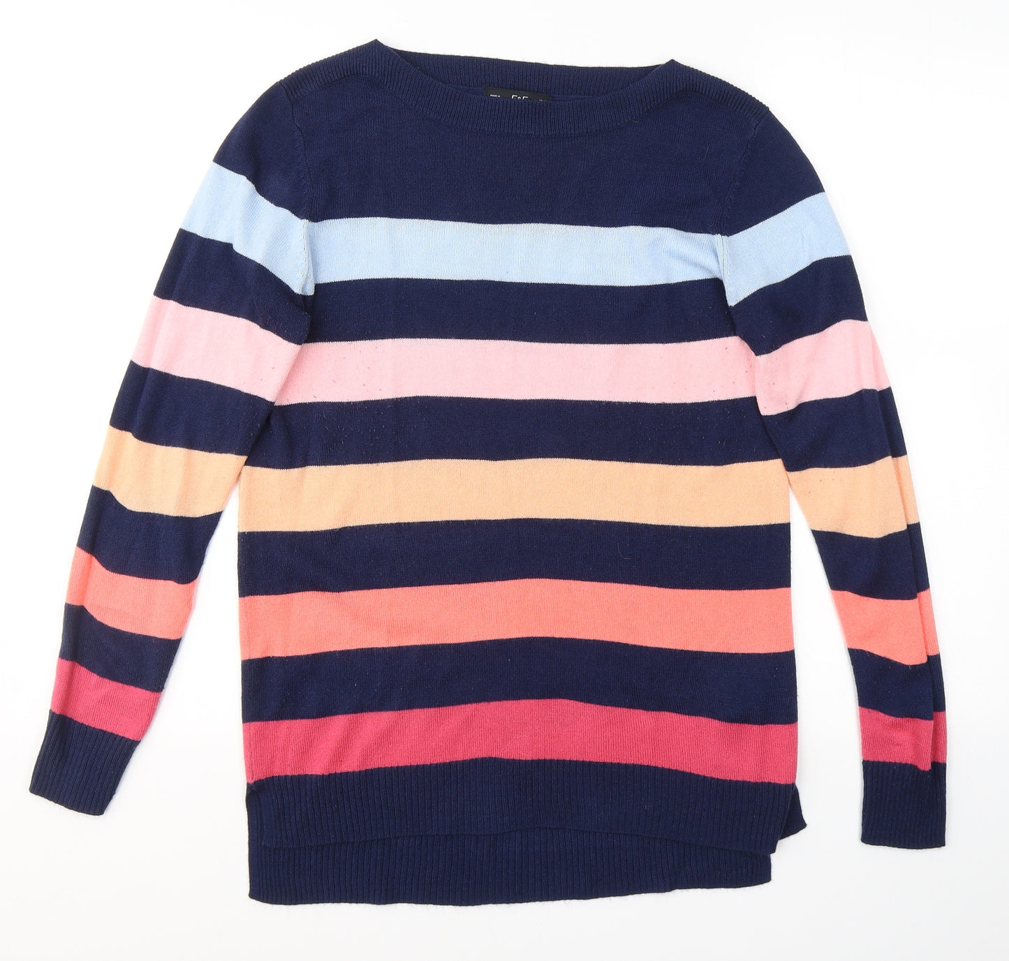 F&F Womens Blue Round Neck Striped Acrylic Pullover Jumper Size 12