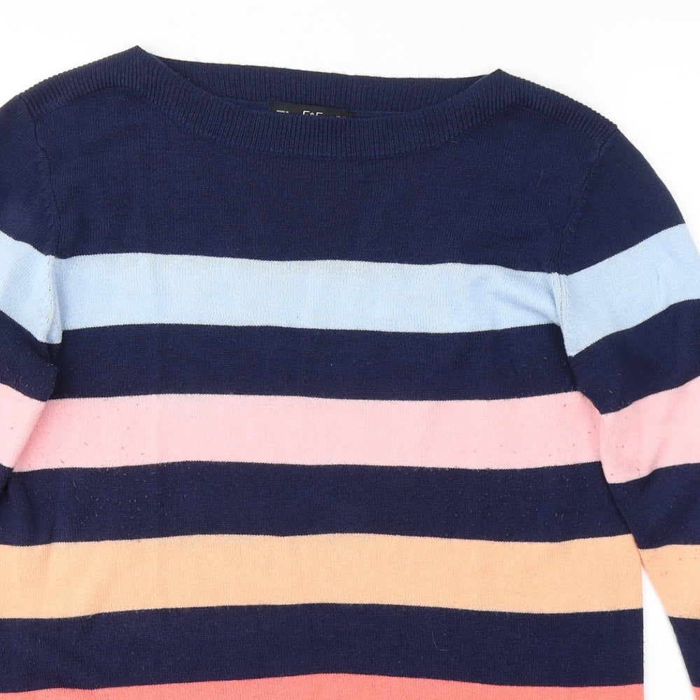 F&F Womens Blue Round Neck Striped Acrylic Pullover Jumper Size 12