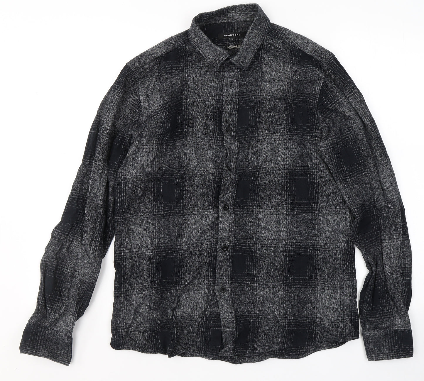 Peacocks Mens Grey Plaid Cotton  Button-Up Size M Collared Button