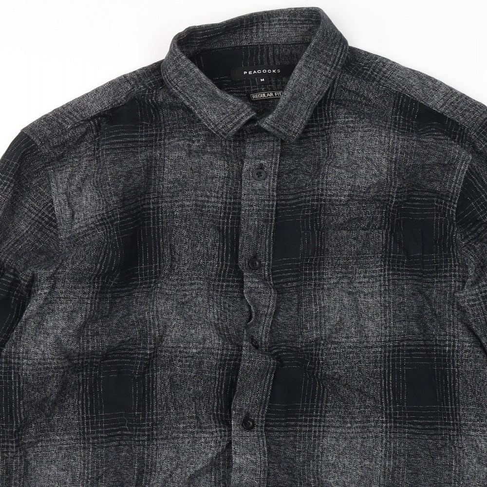 Peacocks Mens Grey Plaid Cotton  Button-Up Size M Collared Button