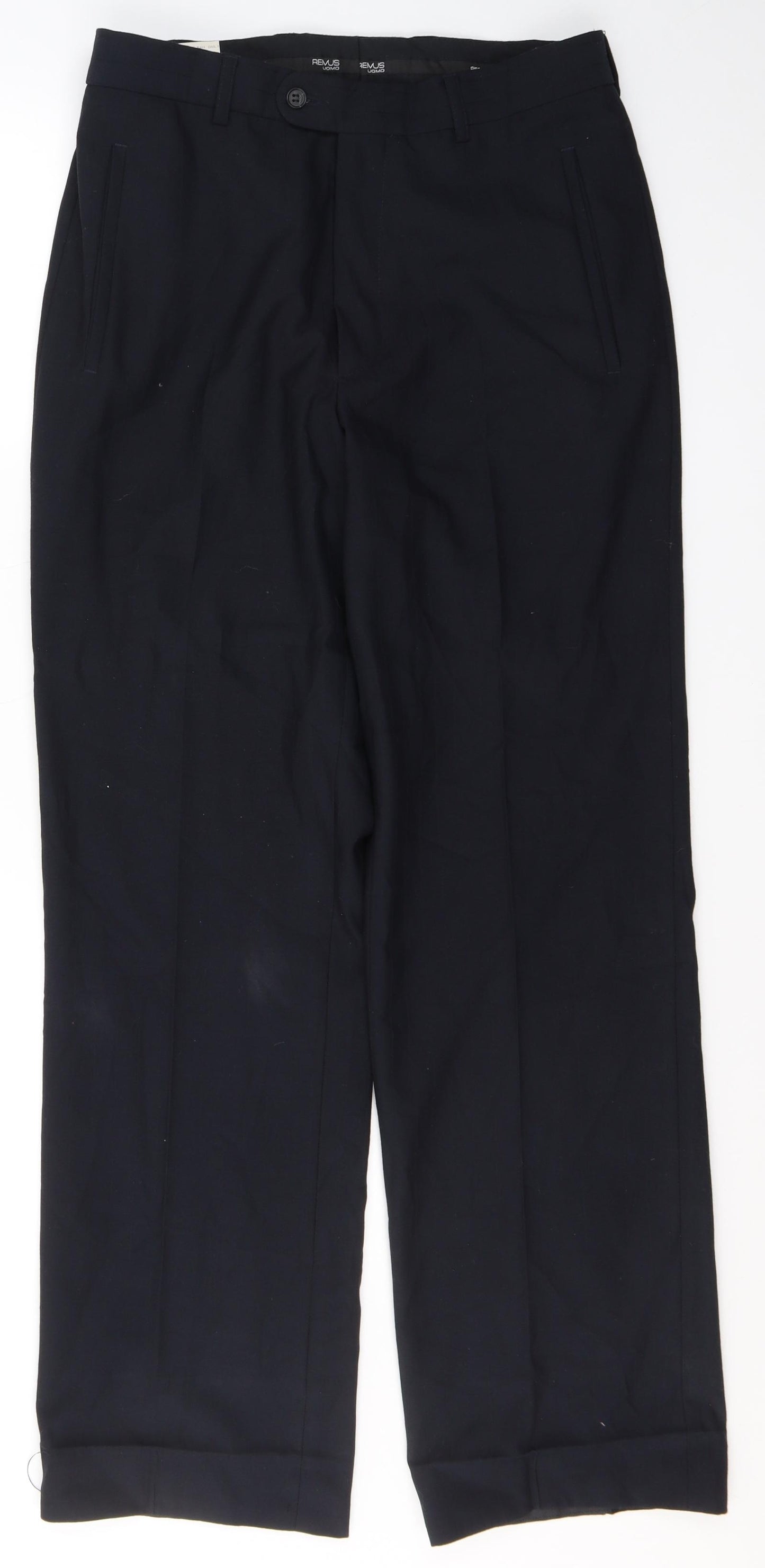 REMUS Mens Black Striped Polyester Trousers  Size 38 in L31 in Regular Button