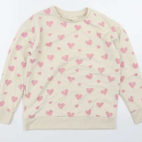 Dunnes Stores Girls Beige Geometric Cotton Pullover Sweatshirt Size 10-11 Years   - Heart Print
