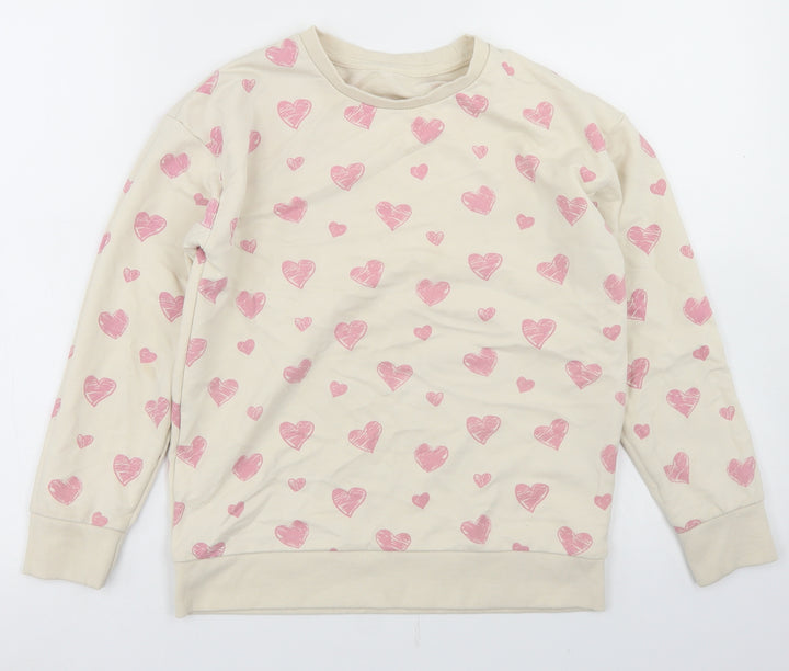 Dunnes Stores Girls Beige Geometric Cotton Pullover Sweatshirt Size 10-11 Years - Heart Print