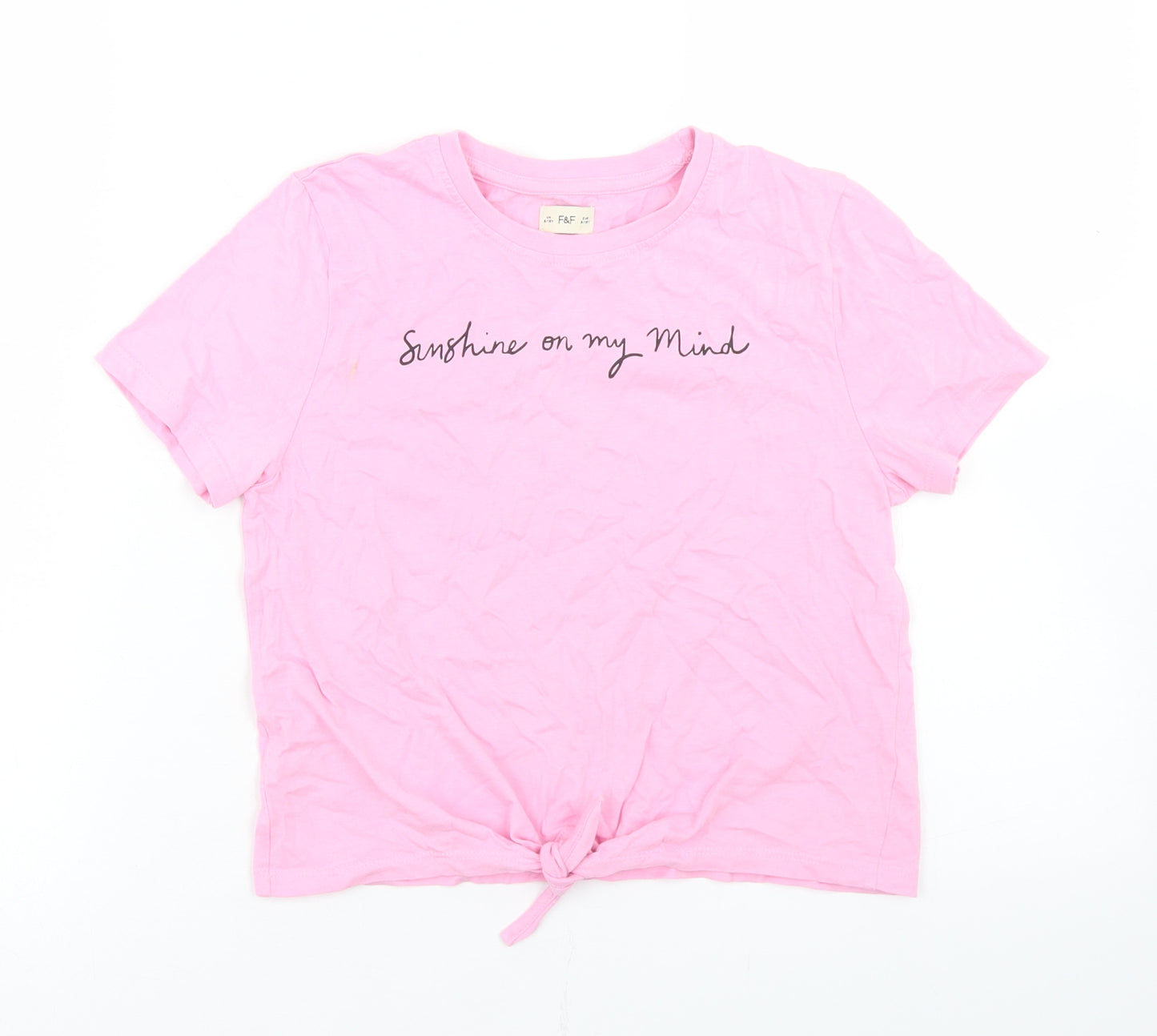 F&F Girls Pink  Cotton Cropped T-Shirt Size 9-10 Years Crew Neck  - Tie front