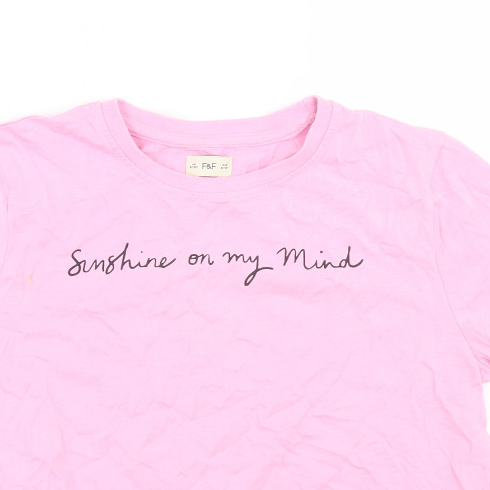 F&F Girls Pink  Cotton Cropped T-Shirt Size 9-10 Years Crew Neck  - Tie front